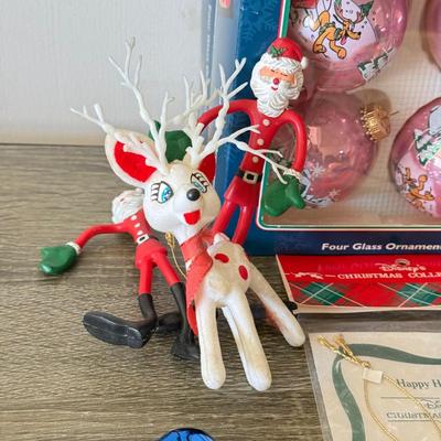 LOT 191L: Vintage Mini Ball Tree Ornaments, Disney & More: Glass Christmas Balls w/ Characters, Stretchy Santas, Sebastian Ornament...