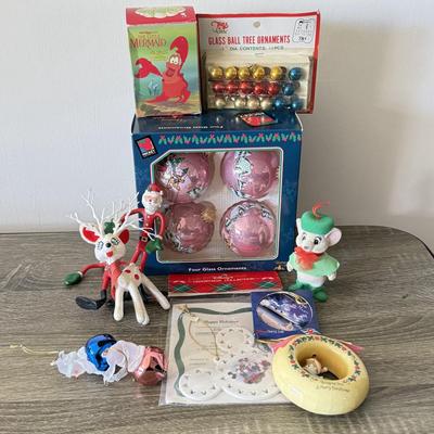 LOT 191L: Vintage Mini Ball Tree Ornaments, Disney & More: Glass Christmas Balls w/ Characters, Stretchy Santas, Sebastian Ornament...