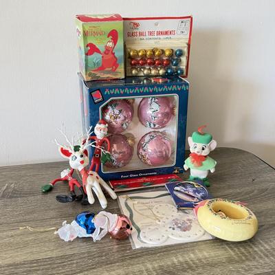 LOT 191L: Vintage Mini Ball Tree Ornaments, Disney & More: Glass Christmas Balls w/ Characters, Stretchy Santas, Sebastian Ornament...