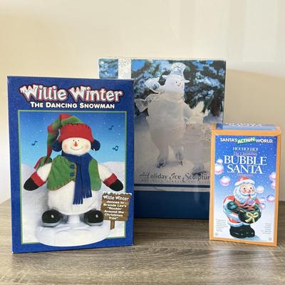 LOT 192L: Boxed Christmas Decor: Vintage Bubble Santa, Willie Winter & Glass Snowmen