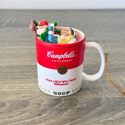 LOT 193L: Collection of Campbell's Soup Christmas Tree Ornaments w/ Vintage Tomato Soup Label Print Mugs