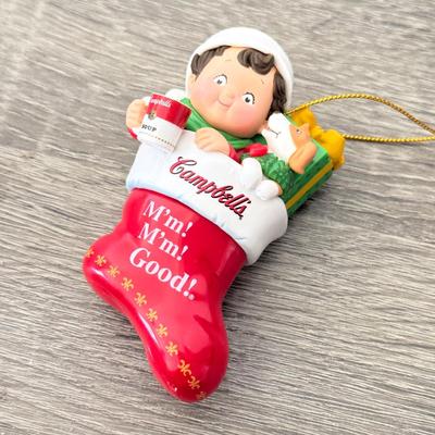 LOT 193L: Collection of Campbell's Soup Christmas Tree Ornaments w/ Vintage Tomato Soup Label Print Mugs