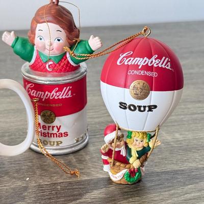 LOT 193L: Collection of Campbell's Soup Christmas Tree Ornaments w/ Vintage Tomato Soup Label Print Mugs