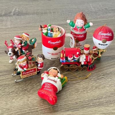LOT 193L: Collection of Campbell's Soup Christmas Tree Ornaments w/ Vintage Tomato Soup Label Print Mugs