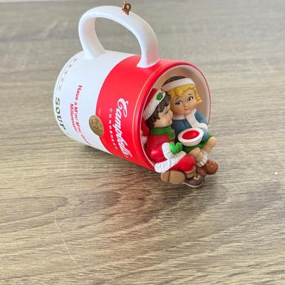 LOT 193L: Collection of Campbell's Soup Christmas Tree Ornaments w/ Vintage Tomato Soup Label Print Mugs