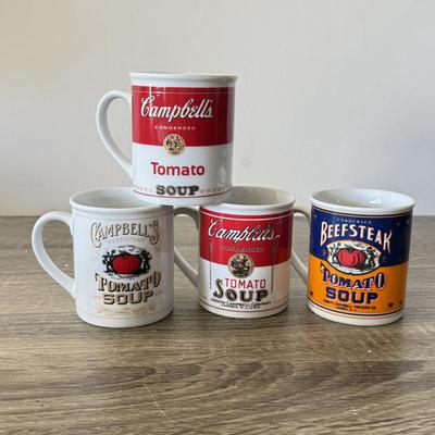 LOT 193L: Collection of Campbell's Soup Christmas Tree Ornaments w/ Vintage Tomato Soup Label Print Mugs