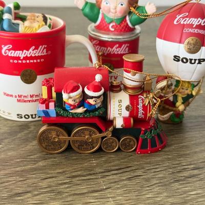LOT 193L: Collection of Campbell's Soup Christmas Tree Ornaments w/ Vintage Tomato Soup Label Print Mugs