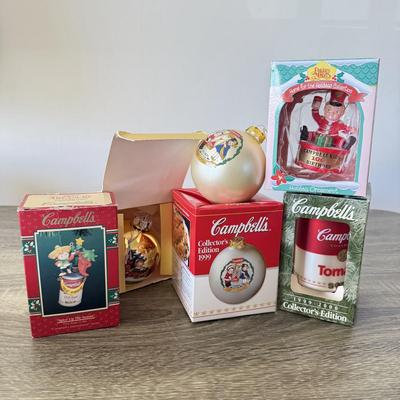 LOT 193L: Collection of Campbell's Soup Christmas Tree Ornaments w/ Vintage Tomato Soup Label Print Mugs