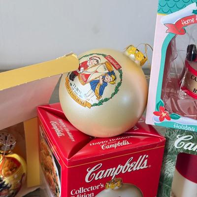 LOT 193L: Collection of Campbell's Soup Christmas Tree Ornaments w/ Vintage Tomato Soup Label Print Mugs