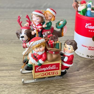 LOT 193L: Collection of Campbell's Soup Christmas Tree Ornaments w/ Vintage Tomato Soup Label Print Mugs