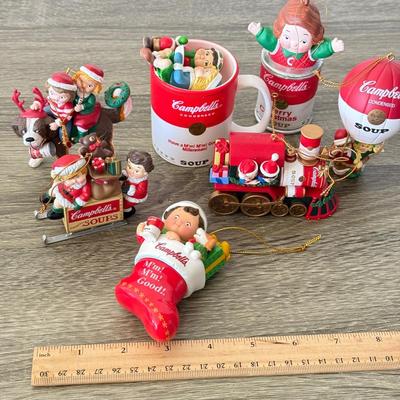 LOT 193L: Collection of Campbell's Soup Christmas Tree Ornaments w/ Vintage Tomato Soup Label Print Mugs