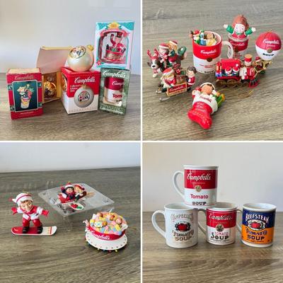 LOT 193L: Collection of Campbell's Soup Christmas Tree Ornaments w/ Vintage Tomato Soup Label Print Mugs