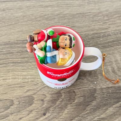 LOT 193L: Collection of Campbell's Soup Christmas Tree Ornaments w/ Vintage Tomato Soup Label Print Mugs