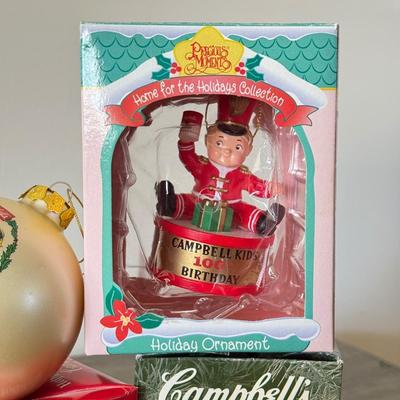 LOT 193L: Collection of Campbell's Soup Christmas Tree Ornaments w/ Vintage Tomato Soup Label Print Mugs