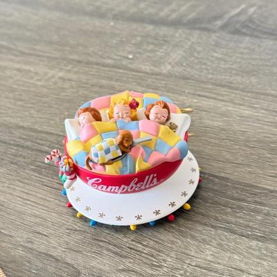 LOT 193L: Collection of Campbell's Soup Christmas Tree Ornaments w/ Vintage Tomato Soup Label Print Mugs