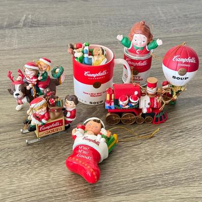 LOT 193L: Collection of Campbell's Soup Christmas Tree Ornaments w/ Vintage Tomato Soup Label Print Mugs