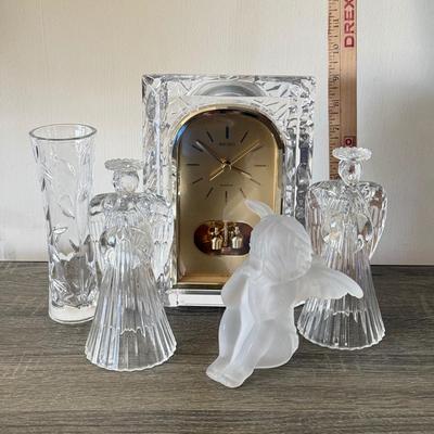 LOT 197H: Seiko Crystal Anniversary Clock, Angel Glass Figures, Crystal Vase & Frosted Glass Cherub