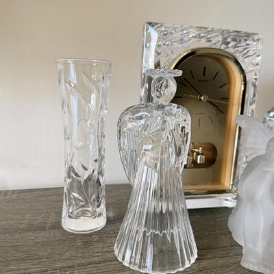 LOT 197H: Seiko Crystal Anniversary Clock, Angel Glass Figures, Crystal Vase & Frosted Glass Cherub