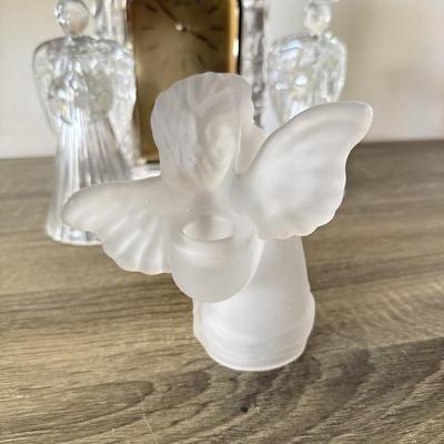 LOT 197H: Seiko Crystal Anniversary Clock, Angel Glass Figures, Crystal Vase & Frosted Glass Cherub