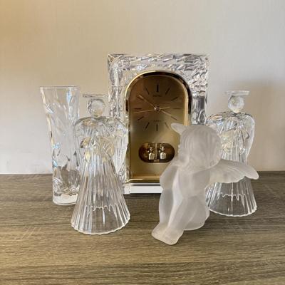 LOT 197H: Seiko Crystal Anniversary Clock, Angel Glass Figures, Crystal Vase & Frosted Glass Cherub