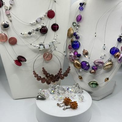LOT 199J: Wire & Stone Bead Necklaces, Crystal Hoop Earrings & More