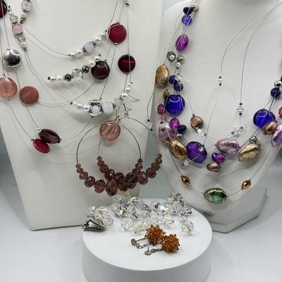 LOT 199J: Wire & Stone Bead Necklaces, Crystal Hoop Earrings & More