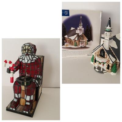 LOT 209F: Large Stained Glass Lighted Santa & Dept 56 Holy Spirit Church