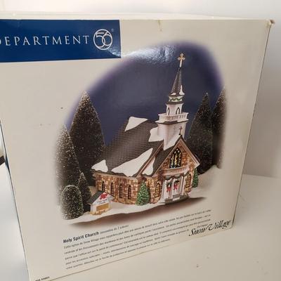 LOT 209F: Large Stained Glass Lighted Santa & Dept 56 Holy Spirit Church