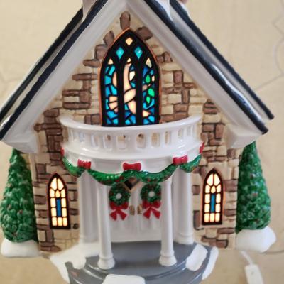 LOT 209F: Large Stained Glass Lighted Santa & Dept 56 Holy Spirit Church