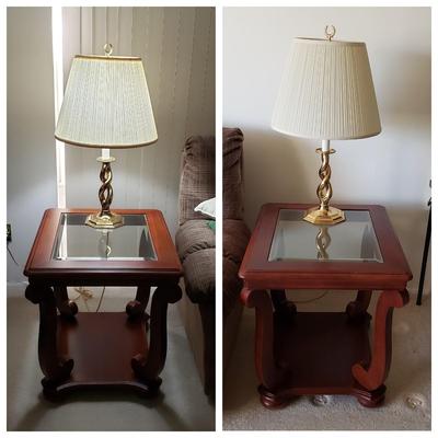 LOT 211L: Pair of Matching End Tables & Brass Lamps