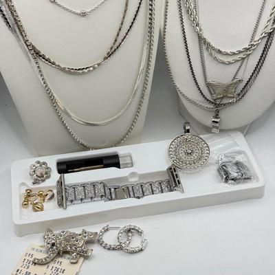 LOT 212J: Glam Apple Watch Band, Kramer NY Rhinestone Necklace, Elephant Pin, Butterfly Necklace & More