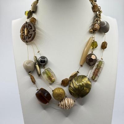 LOT 213J: Earth Tone Bead and Wire Chico's Necklace, Casual Corner Necklace, Frog Ring & More