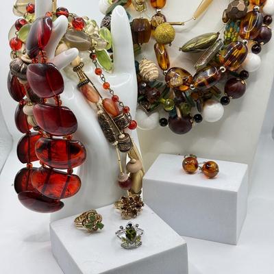 LOT 213J: Earth Tone Bead and Wire Chico's Necklace, Casual Corner Necklace, Frog Ring & More