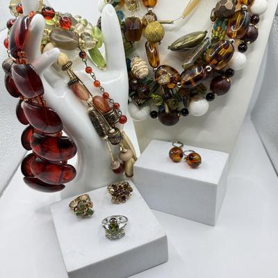 LOT 213J: Earth Tone Bead and Wire Chico's Necklace, Casual Corner Necklace, Frog Ring & More