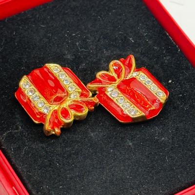 LOT 214: Holiday Jewelry & More: Swarovski Christmas Stocking Charm, Trifari White/Goldtone Clip Hoops, Gerry's & Art...