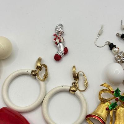 LOT 214: Holiday Jewelry & More: Swarovski Christmas Stocking Charm, Trifari White/Goldtone Clip Hoops, Gerry's & Art...