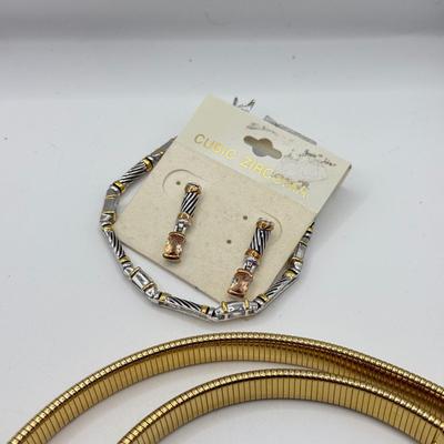 LOT 216J: Goldtone Snake Belt, Pierced Earrings, Matching CZ Earrings & Bracelet