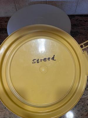 TUPPERWARE TRAVELING CAKE TOTE, SERIAL CONTAINER WITH HANDLE, AND A NICE SIZED RUBBRRMAID CONTAINER