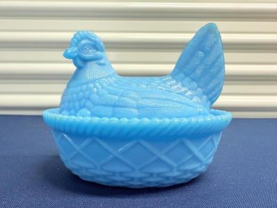 Vintage Westmoreland Hen on Nest Blue Milk Glass Covered Dish