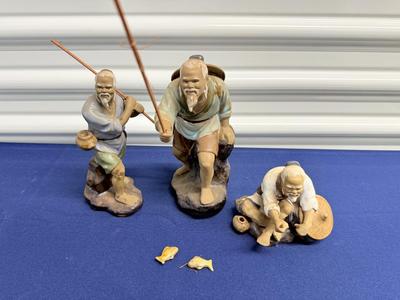 Vintage Chinese Shiwan mudman fisherman figurines