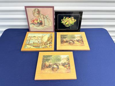 Vintage Mid-Century Pyraglass Wall Art Prints – European Market & Harbor Scenes (Lot)