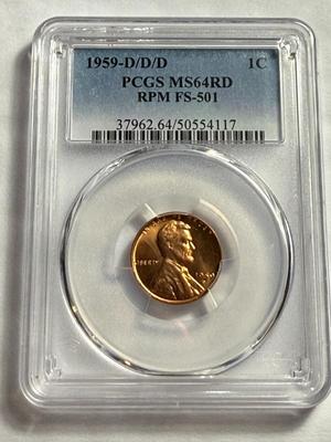 PCGS Certified Scarce 1959-D/D/D MS64 Red RPM FS-501 Lincoln Cent as Pictured.
