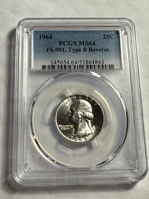 PCGS Certified Scarce 1964-P MS64 FS-901 TYPE-B Reverse Silver Washington Quarter as Pictured.