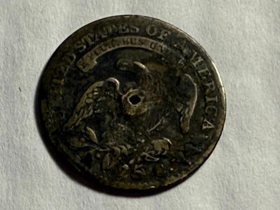 1815 AG/GOOD CONDITION HOLED CAPPED BUST TYPE SILVER QUARTER AS PICTURED.