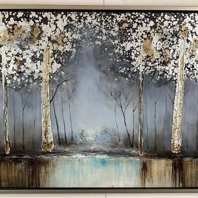 643 Contemporary Abstract Birch Forest Mixed-Media Painting, Signed
