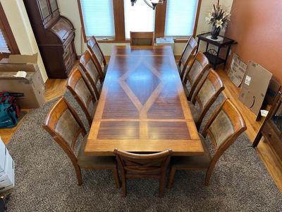 STUNNING MANDARA SOLID WOOD DINING TABLE WITH 10 CHAIRS, EXCELLENT CONDITION!
