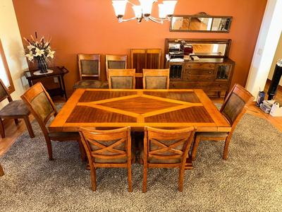 STUNNING MANDARA SOLID WOOD DINING TABLE WITH 10 CHAIRS, EXCELLENT CONDITION!