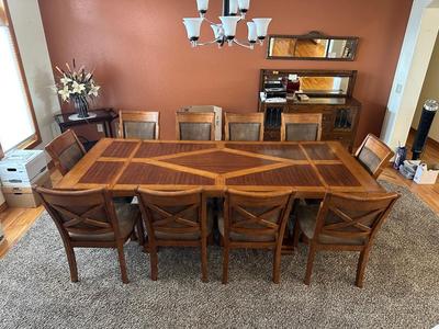 STUNNING MANDARA SOLID WOOD DINING TABLE WITH 10 CHAIRS, EXCELLENT CONDITION!