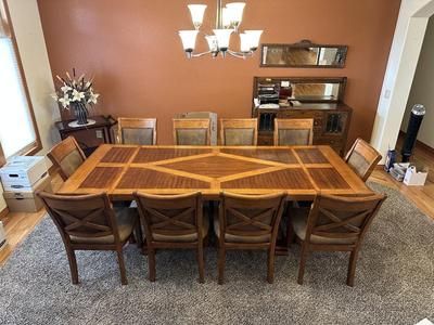 STUNNING MANDARA SOLID WOOD DINING TABLE WITH 10 CHAIRS, EXCELLENT CONDITION!