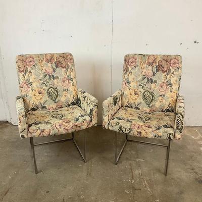 651 Mid Century Modern Floral Fabric Upholstered Arm Chairs